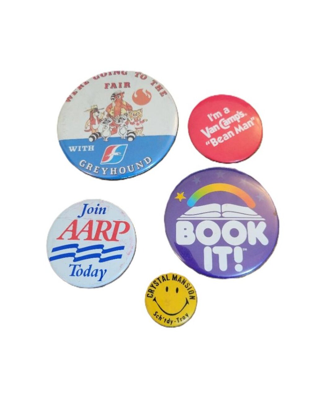 Lot of 5 Vintage Advertising Pin Back Buttons Greyhound VanCamp's Book It +